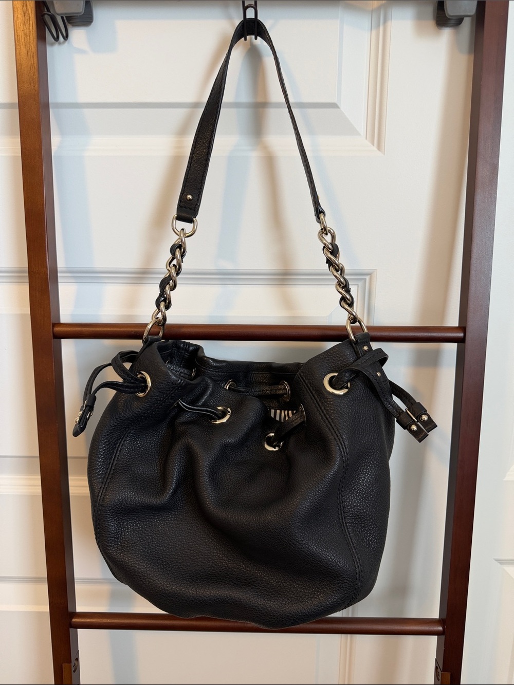 kate spade Black Pebbled Leather Drawstring Shoulder Bag with Chain Strap - Picture 2 of 4